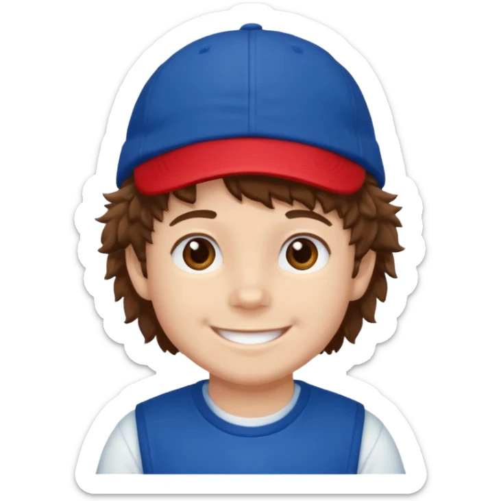 brown fluffy hair kid with blue and white cap dark blue jilet red t shirt sticker