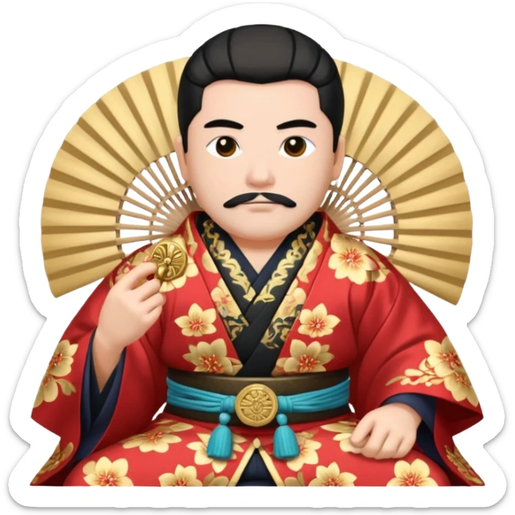 Wealthy warlord in ornate kimono, crest on chest, seated with fan in hand. sticker