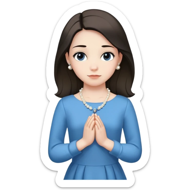 The girl in the photo is wearing a blue dress with long sleeves and a pearl necklace. There is a black flower on the dress. Her posture is confident, with a straight back and neatly folded hands. The image conveys elegance and dignity.
For generating an image using a neural network, you can use the following keywords:
	•	Girl
	•	Blue dress
	•	Long sleeves
	•	Pearl necklace
	•	Black flower on the dress
	•	Confident posture
	•	Straight back
	•	Neatly folded hands sticker