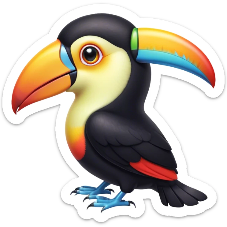 Cinematic Cute Toucan Portrait Emoji, Head tilted playfully and inquisitively, with a delightfully vibrant beak and round, sparkling eyes filled with tropical charm, Simplified yet irresistibly adorable features, highly detailed, glowing with a warm, inviting tropical glow, high shine, affectionate and lively, stylized with a touch of whimsical exotic flair, soft glowing outline, capturing the essence of a mischievous yet loving toucan that seems as if it could flutter out of the screen into your arms! sticker