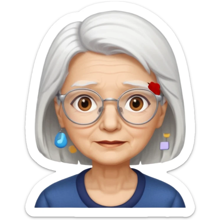Create me emoji of an old lady. mid-size white hair to left side. Square glasses. Brown eyes. Rounded face sticker