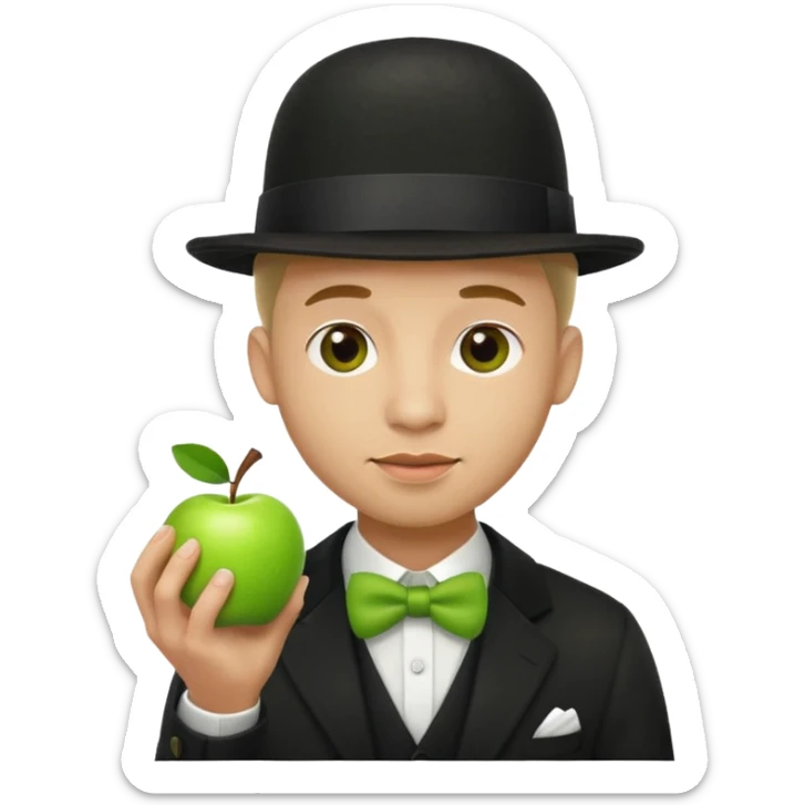 homme en costume chapeu melon aven avec une pomme verte dqui cache son visage  sticker