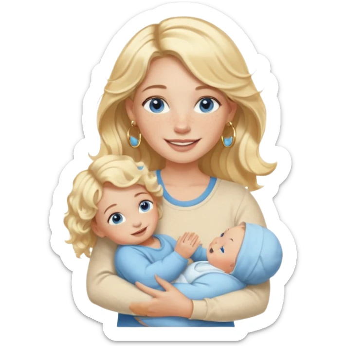 Wavy blonde, white woman with blue eyes, freckles hoop earrings, holding babies smiling and really cute in gold hoops she needs to be holding three newborns, and she needs to be more cute than pretty sticker