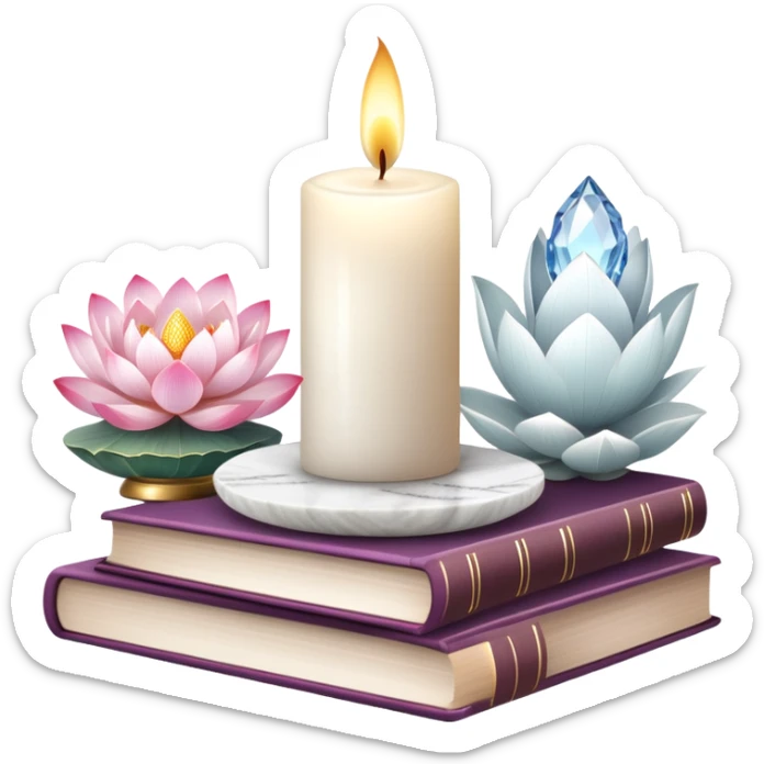 Aesthetic candles, flower petals, books, marble stand, crystal stones, lotus, feathers, zen, decoration, meditation,  sticker