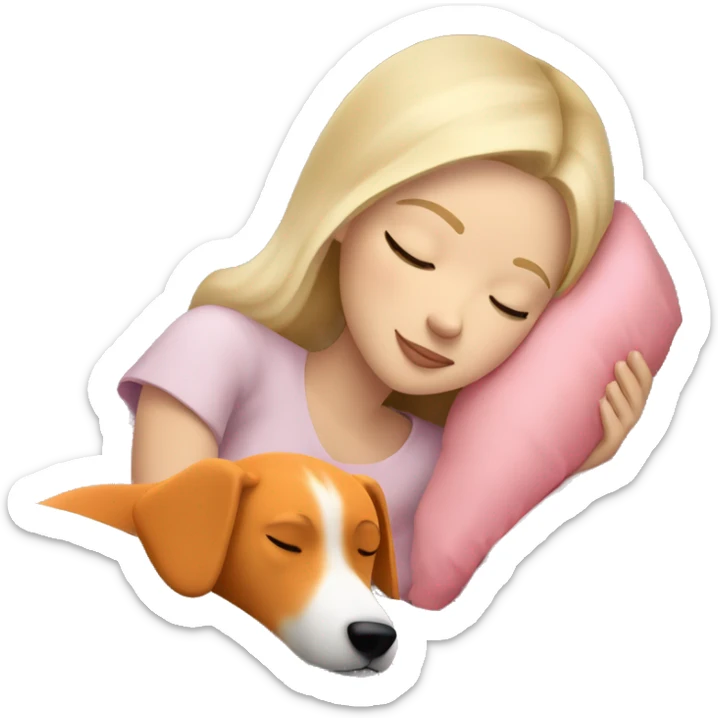 White blonde girl who sleeping peacefully with his orange dog in a bed with a white pillow and a pink blanket sticker