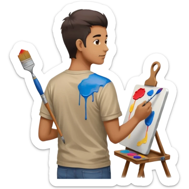 the artist stands with his back to the painting, painting a portrait sticker