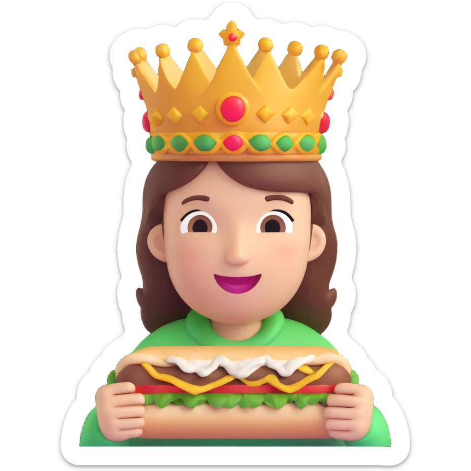 cheerful relaxed half-body person with a crown, eating a delicious döner kebab, simple bright playful emoji style sticker