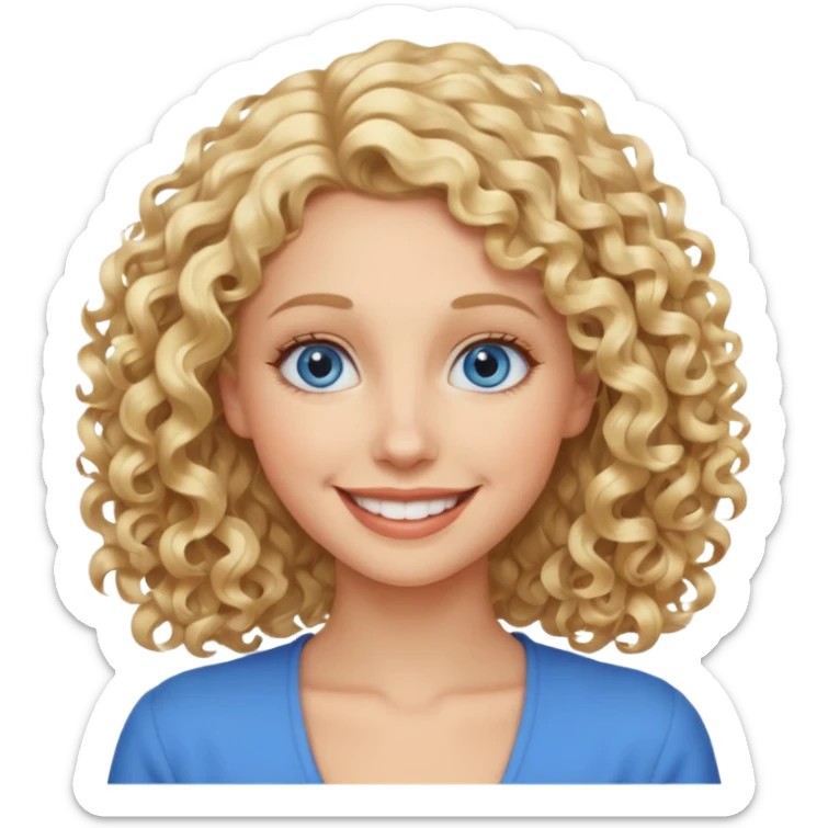 Woman with blonde curly shoulder-length hair, big blue eyes, wide smile sticker