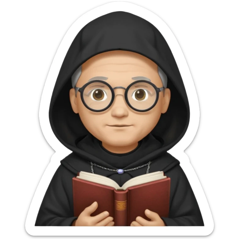 Monk priest prayer black habit with hood round black glasses done light brown wavy hair under hood remove the medallion smaller more round glassed age 46 no necklace more oval face hand holding book that says RB 480 top left is great add a little hair brown gray under hood  sticker