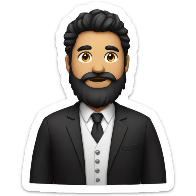 indian man with lots of black hair and heavy beard, fat , dressed in black blazer with black tshirt sticker