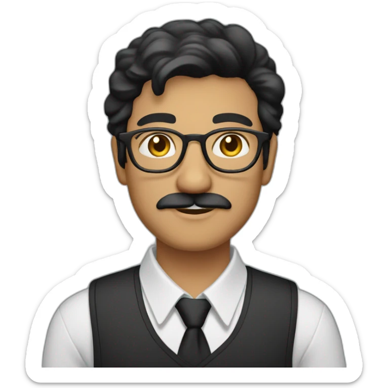 a light skin Pakistani man, wearing round glasses, short moustache, black hair, collared shirt, structured manly face sticker