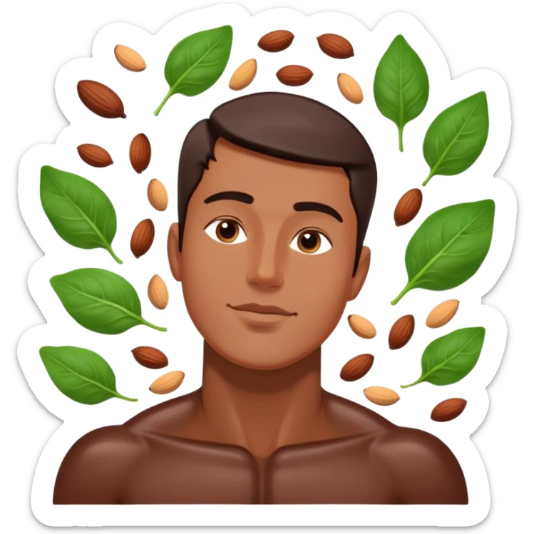 Relaxed male figure surrounded by floating foods: large pieces of shiny dark chocolate prominently displayed, with spinach leaves, almonds, and seeds. Soft light connecting these magnesium-rich foods to muscles and nervous system, showing a soothing effect on the man's body. sticker