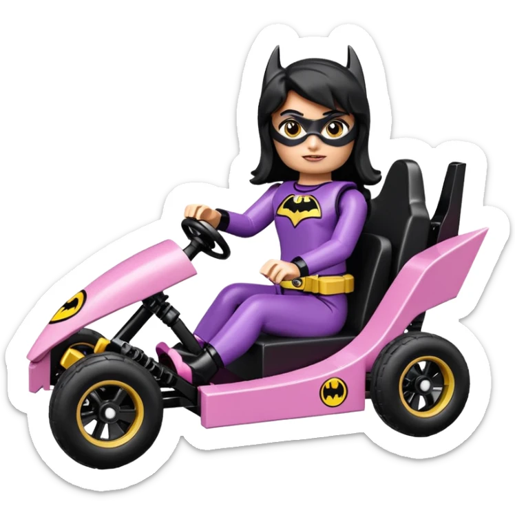 full size real-appearance electric road racing sexy BatGirl’s feminine midnight-colored tight outfit sixty’s tv show Lego dark stealthy accurate sporty safe plush deluxe off-road pursuit cruiser car rose gold accents (black hair,reclined and relaxed torso and shoulders seating position) go kart  sticker