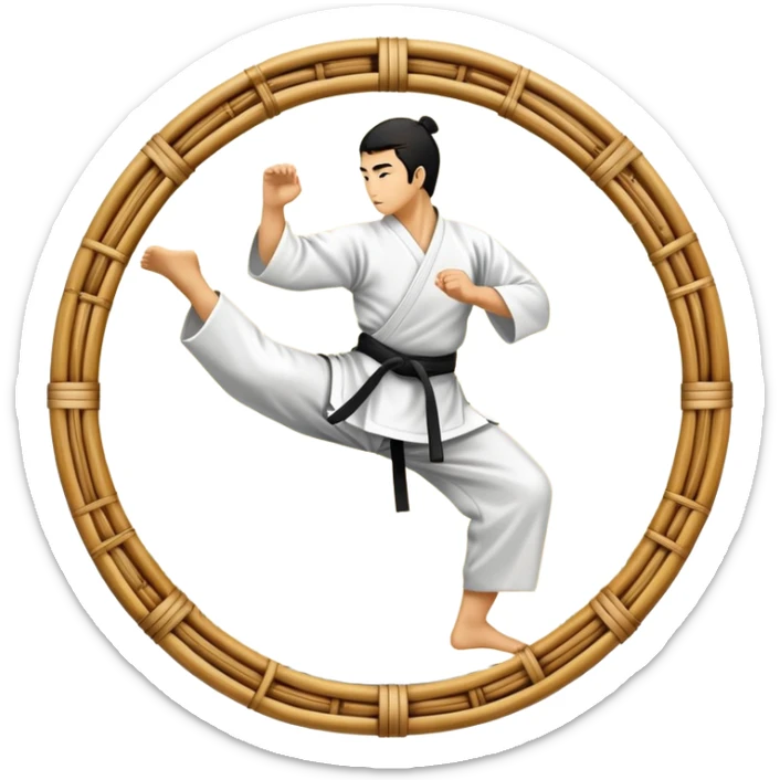 An icon symbolizing Eastern martial arts in the style of an emblem. The design features a martial artist performing a graceful kick or strike, surrounded by traditional elements like a dojo, bamboo, and ancient scrolls. The background reflects a serene, disciplined atmosphere. sticker
