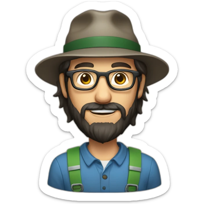 happy gardener man short dark hair long beard with steve job glasses with hat sticker
