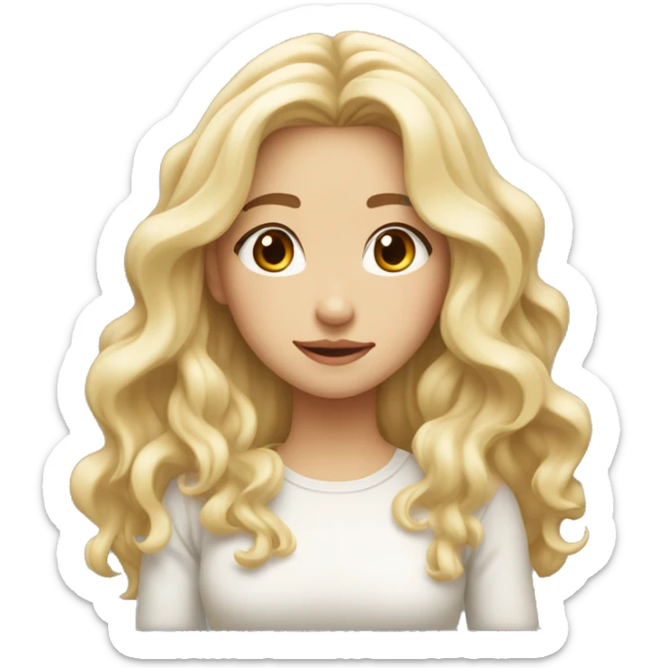 blonde long wavy hair, white scin color asian girl, from shoulders, make one emoji, make her face small and  squinty eyed sticker