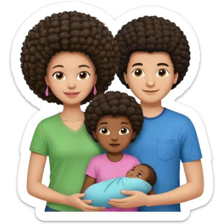 Family with a dark woman only with an afro hairstyle and a green shirt, two children: a boy with straight hair and a blue shirt, and a baby girl in a pink shirt. All are smiling. sticker