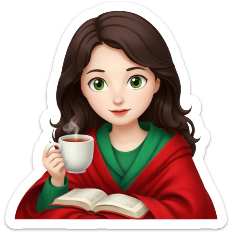Long wavy dark brown haired, white skinned, dark green eyed girl wrapped in a red and white blanket, sipping tea and reading a book sticker