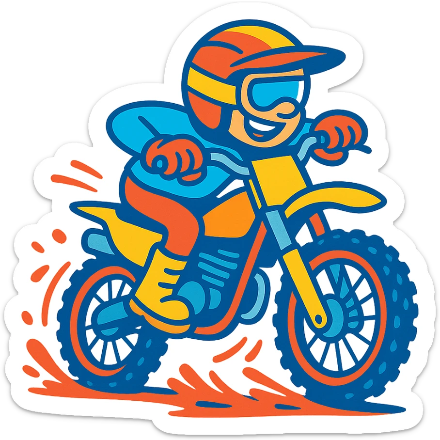 dirt bike racer, cartoon style, bright colors, exaggerated motion, fun and playful sticker