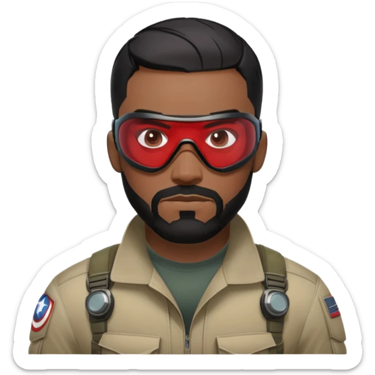 sam wilson have a short, neatly cropped black hair. It is evenly trimmed and close to the scalp, maintaining a clean and military-inspired and  a well-groomed beard that connects to his mustache,  wear sleek, red-tinted tactical goggles fit snugly from captain america: civil war sticker