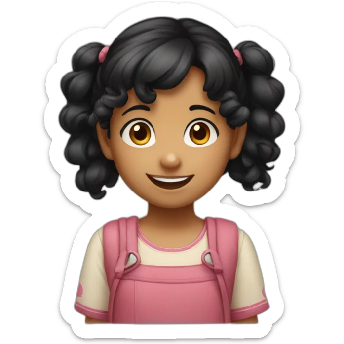 smiling and pointing 3 years old indian girl with black curly hair in pigtails sticker