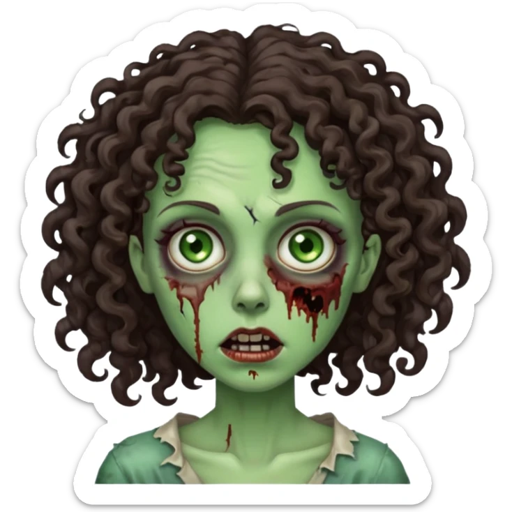 Zombie woman with curly, dark brown hair (not thick or voluminous)  sticker