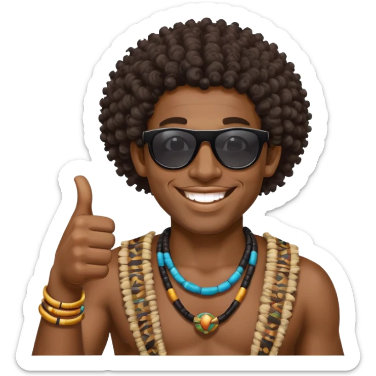 African Black tribal man with curly hair, traditional tribal face paint, wearing sunglasses, smiling, thumbs up sticker