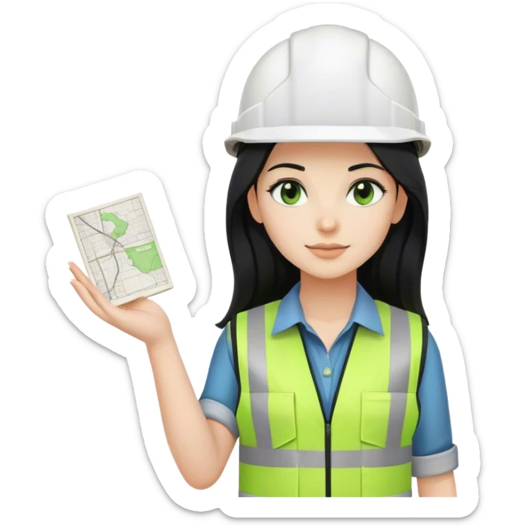 Female civil engineer with black long hair and white helmet wearing green vest with drawing plan on the hand  sticker