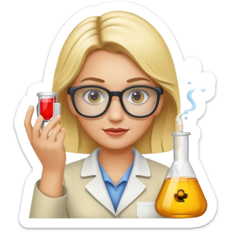 Eine hellblonde Chemikerin mit typischem Erlmeyerkolben in der Hand und Laborbrille auf sticker