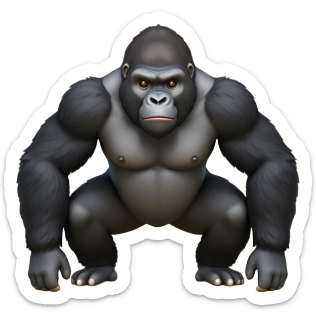 cinematic-friendly gorilla-realistic-full-body-crouched on all fours-emoji,-broad-and-powerful-frame-poised-with-confidence,-massive-arms-hanging-slightly-forward,-head-tilted-thoughtfully,-thick-black-fur,-deep-dark-eyes-full-of-intelligence,-simplified-yet-realistic sticker