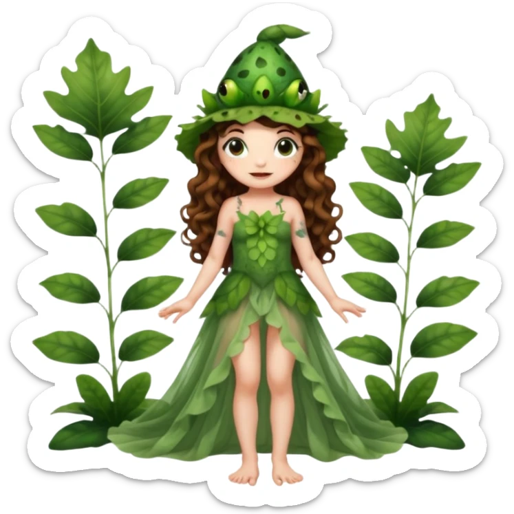 full body woman long curly brown hair brown eyes white skin tattoos wearing cute frog hat and sheer leaf dress, barefoot, flirty forest fairy pose sticker