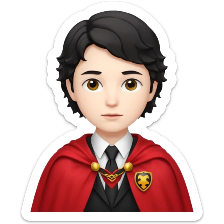 Pale skin, short black wavy hair, red and black cape, tie. A traditional vampire look. sticker