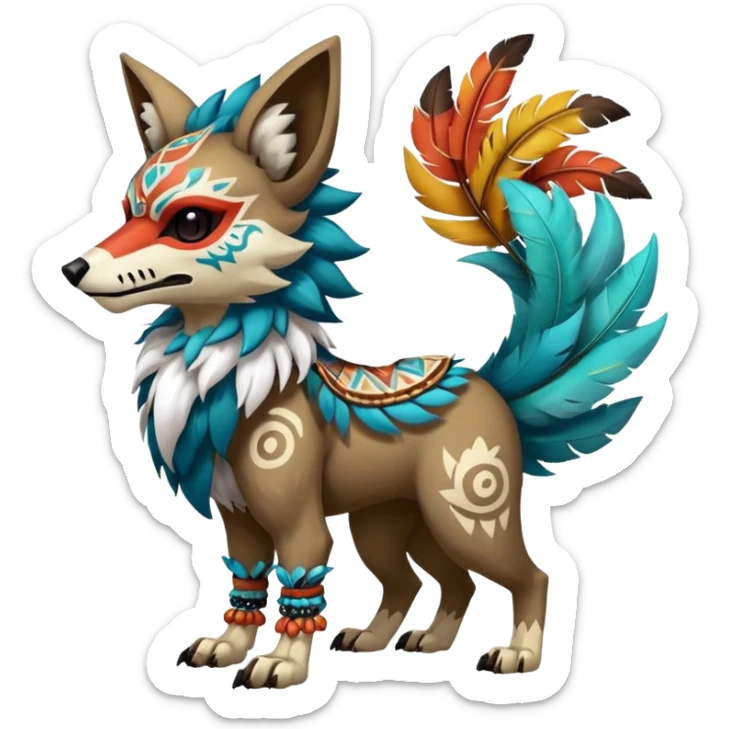 Furry cute colorful exotic tribal feral anime-styled Fakémon-Pokémon-animal-creature with a wolf-skull-head-mask-face, and colorful feathers around neck, with long furry ears, long furry tail, 4 legs, (full body), with intricate pattern-markings sticker