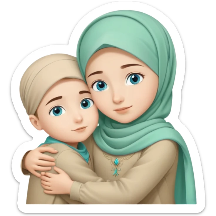 Turkish beautiful finish Konya girl blue eyes mint green beige hijab islamic dress and hugs with little boy brother  sticker