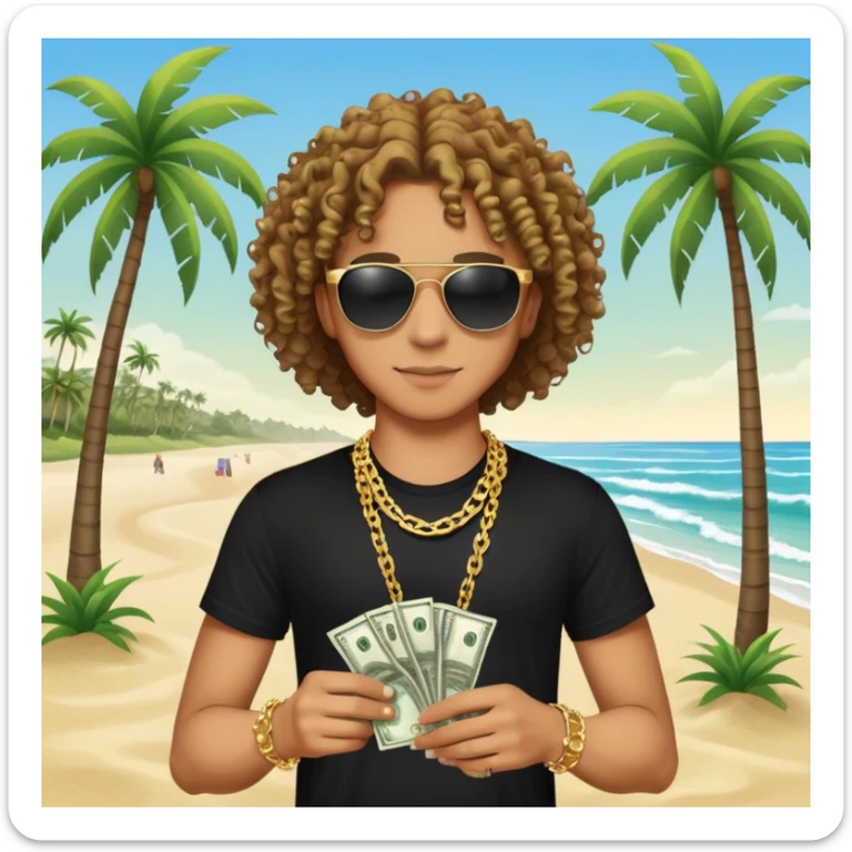 Mixed-race person with curly hair, black t-shirt, gold chain necklace, holding dollar bills in both hands, wearing black sunglasses, beach with palm trees in background sticker