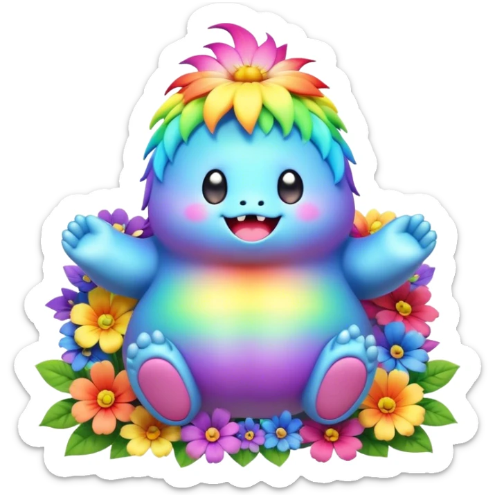 3D, Kawaii derpy fat rainbow monster sitting in a magical rainbow hued flower, rich textures, visually detailed, so lifelike that it feels like it could leap off the page at any moment sticker