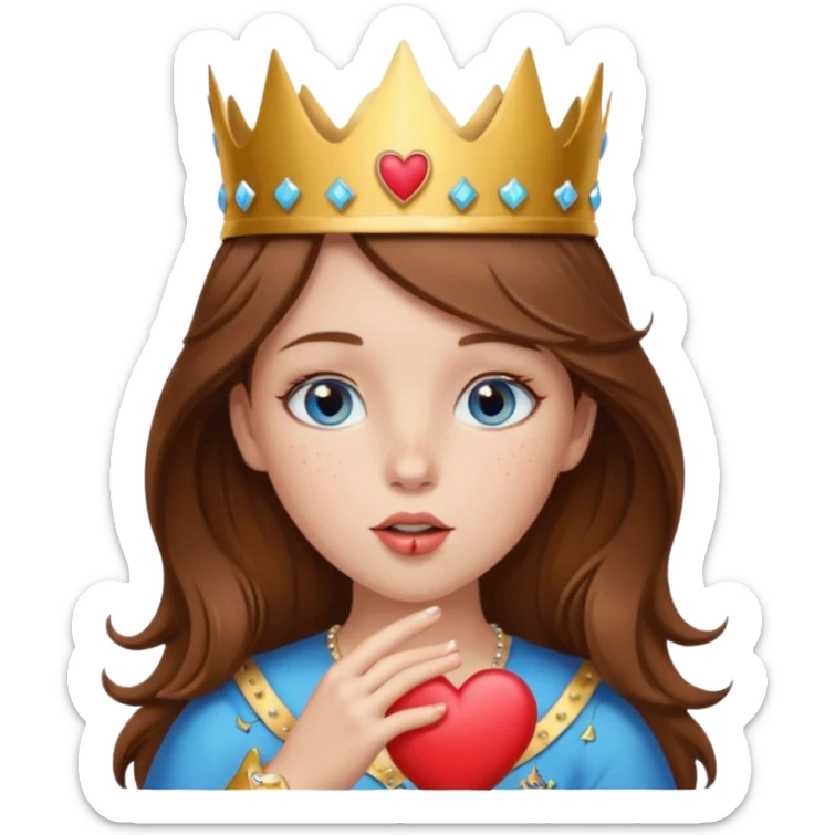 a girl with brown hair, blue eyes and freckles, who wears a crown and is blowing a heart kiss  sticker