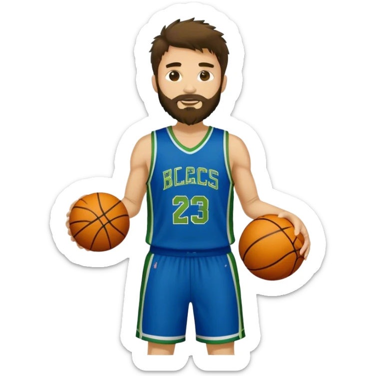 full body wHITE MAN WITH GOLD TEE BEARD DARK SHAGGY HAIR BASKETBALL PLAYER WEARING BLUE AND GREEN UNIFORM sticker