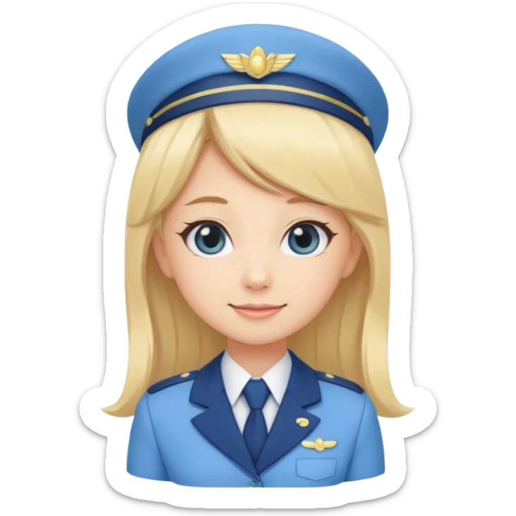 Cute emoji-style Japanese flight attendant, blonde long hair , pastel blue airline uniform, kawaii cartoon style, big eyes, simple clean lineart, pastel colors, chibi proportions, friendly smile, sticker/emoji, transparent background sticker