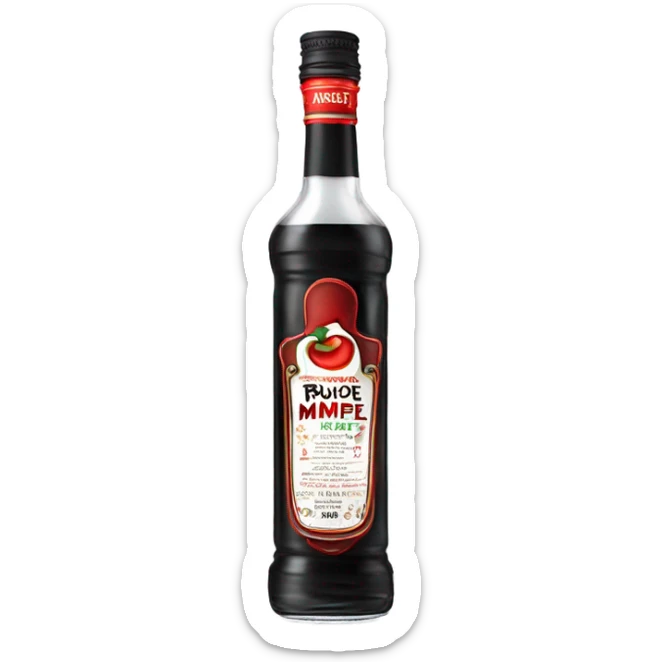 Tall clear alcohol bottle of “Rumple Minze” alcohol with black and red label sticker