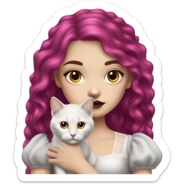 Pretty portrait of White girl. The Girl has Long Magenta Hair. Soft gothic make up and gothic dress. Holding her golden british longhair kitten. sticker