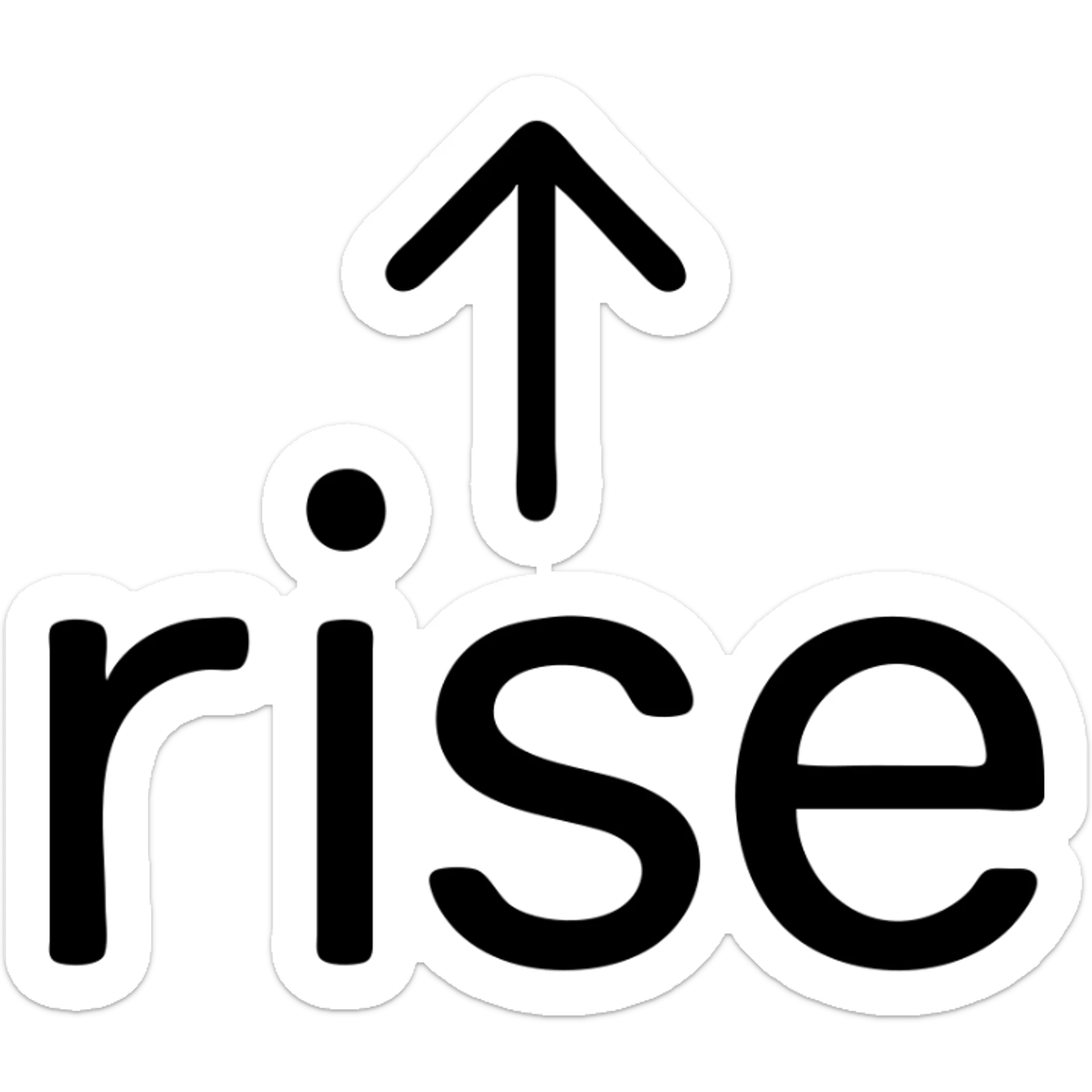 outlined icon of the word 'rise' with an upward arrow, minimal, no fill, black lines sticker