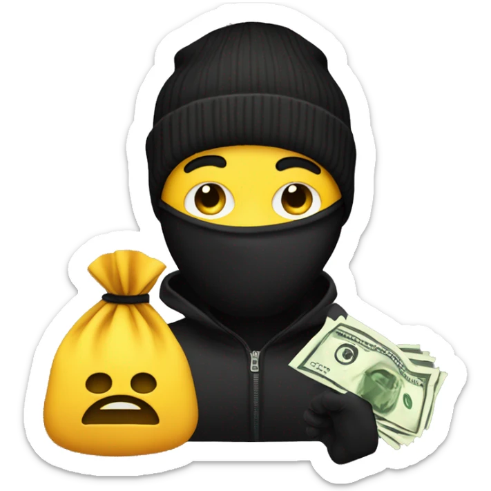 Robber Emoji with a black beanie, black eye mask with holes for his eyes, and a money bag emoji over his shoulder sticker