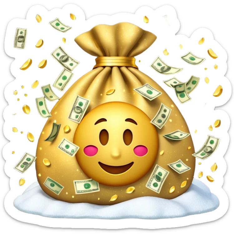 3D emoji style, money bag with dollar bills, New Year theme, snow particles, festive lighting, rich vibe, high detail, transparent background

 sticker
