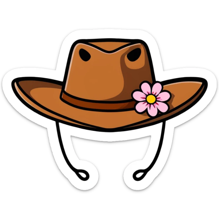 Cowgirl hat with flowers, pink and white flowers decorating a brown cowboy hat sticker