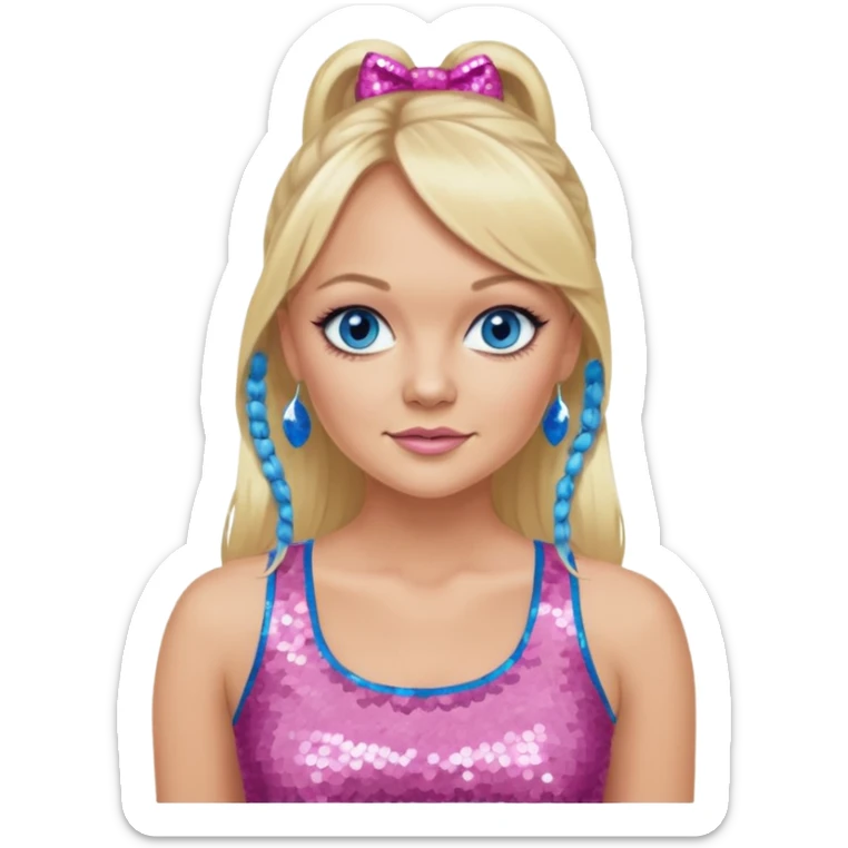 Emma Bunton with long blonde ponytail hair, blue eye, pink sequin crop top sticker