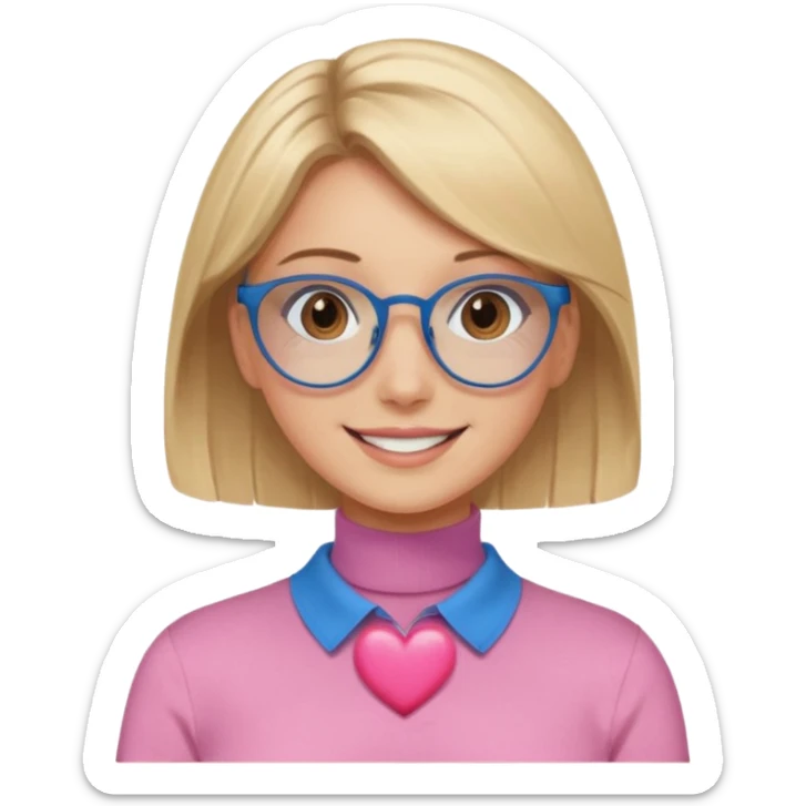 Asthectic pretty Blonde women brown eyes, blue glasses, wearing a brown polo neck shirt and smiling with a pink heart around her. sticker