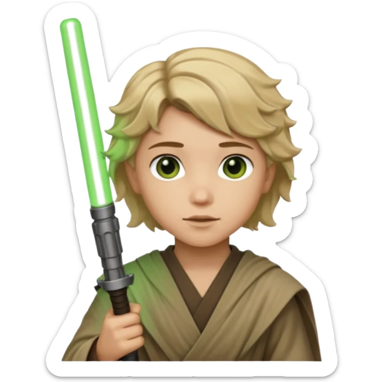 Young jedi with dark brown eyes and sandy blonde wavy short hair holding a green light saber.  sticker
