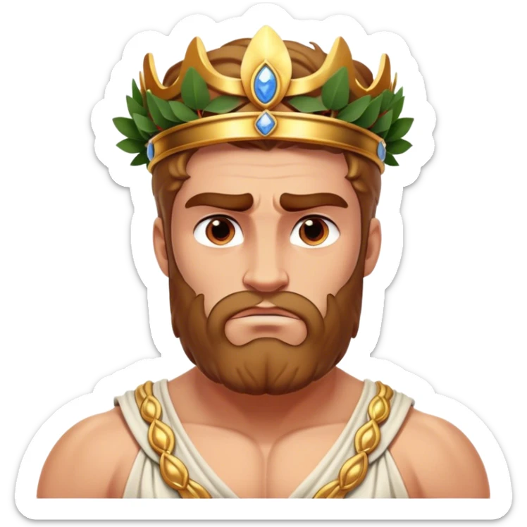 Cinematic Realistic Hercules Portrait, depicted with lifelike, sun-kissed skin and a robust, muscular physique that radiates both power and gentle nobility. His intense, kind eyes and regal expression are complemented by classical Greek attire and a laurel crown, rendered under dynamic lighting that highlights every chiseled detail. sticker