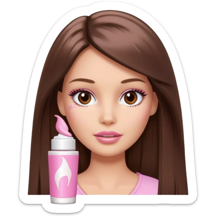 Barbie girl brown long Straight hair and brown eyes is In pale pink smears by hand cosmetic cream on her face sticker